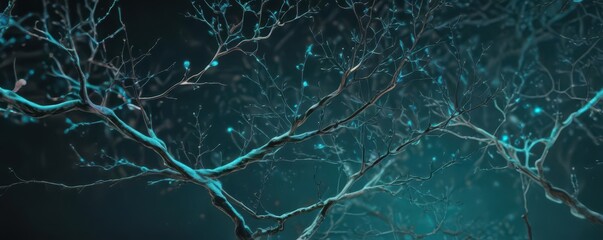Abstract glowing teal branches, neural network patterns , electricity, visualization, flow