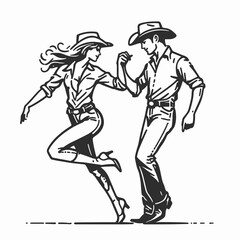 Cowgirl Dancing with partner. Western cowgirl Outline Clipart line art doodle vector illustration. Woman rodeo movement duet country jive escort figure action.