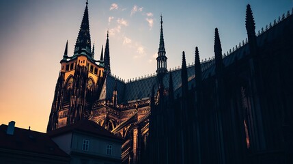Fototapeta premium Grand historic cathedral, towering spires silhouetted against twilight, intricate stained glass glows with warm evening hues, wide-angle shot captures majestic scale and serene light. 