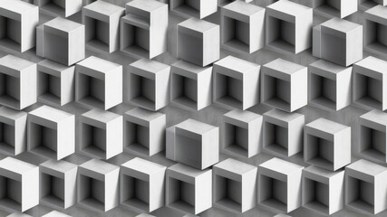 Fototapeta premium A repeating pattern of grayscale cubic recesses creates a textured architectural background ideal for design projects and presentations.