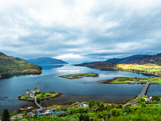 Eilean Donan Castle and Loch Duich from a drone, Isle of Skye, Highlands, Scotland, England