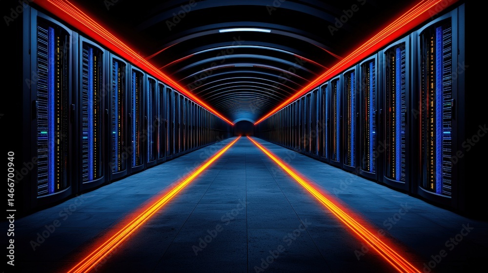 Poster long hallway in a high-tech server room with multiple rows of servers ready for data processing
