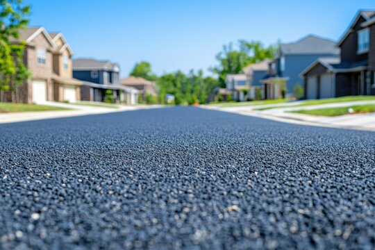 Low angle view of newly paved asphalt street in residential neighborhood on sunny day showcasing smooth surface and suburban homes