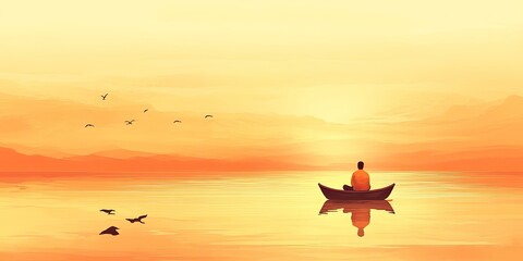 Naklejka premium Golden Hour Serenity Boat with Person, Birds, and Tranquil Waterscape.