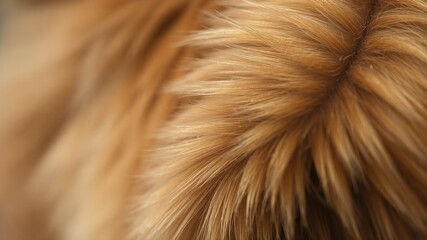 Close-up detailed texture of a dog's golden brown fur showing individual hairs and soft sheen with shallow depth of field.