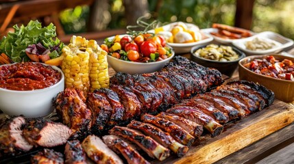 Fototapeta premium Delicious barbecue spread with various sides.