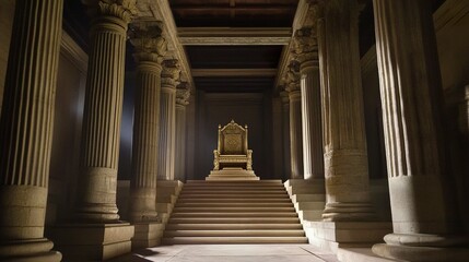 Obraz premium Grand throne room with ornate stone pillars and a carved throne atop broad steps, dim light creates a solemn ambiance, cinematic wide-angle framing highlights the vast space. 