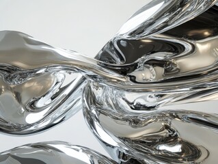 Abstract chrome sculpture close up shot with fluid motion and reflective surfaces in studio lighting