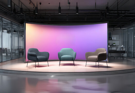 Contemporary presentation setup with blank backdrop and three chairs
