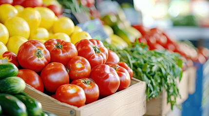 Fresh tomatoes, cucumbers, and lemons are displayed in wooden crates at vibrant market, showcasing colorful produce and inviting freshness