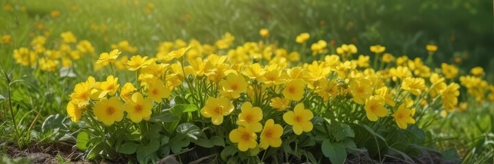 Fototapeta premium Bright yellow primroses blooming in spring meadow , wildflowers, outdoor