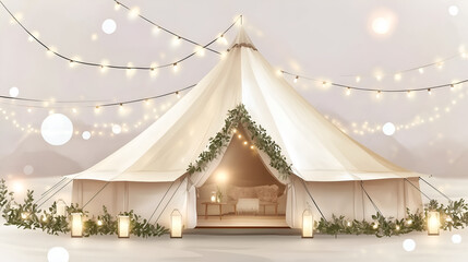 romantic tipi tent decorated with fairy lights and greenery for winter wedding or event