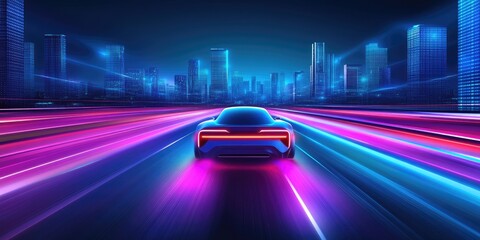 Fototapeta premium Neon Ride Car speeding through a futuristic city at night.
