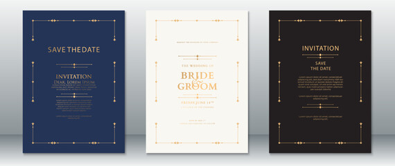 Elegant Wedding Invitation Set with Gold Ornaments on Blue, White, and Black Backgrounds
