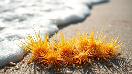 Golden sea plant specimens washed ashore on a sandy beach near gentle ocean waves on a sunny day.