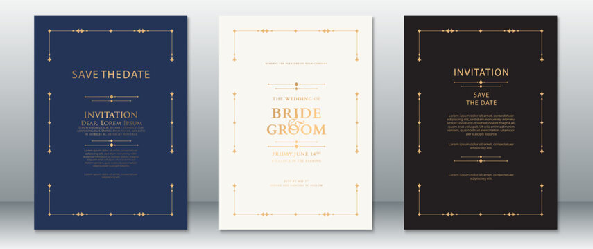 Elegant Wedding Invitation Set with Gold Ornaments on Blue, White, and Black Backgrounds