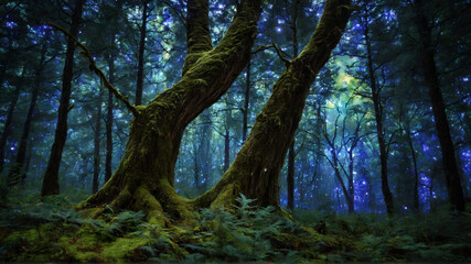 Fototapeta premium Magical forest scene with glowing blue lights