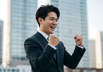 A man in a suit with his fists clenched and a smile on his face in front of a building background