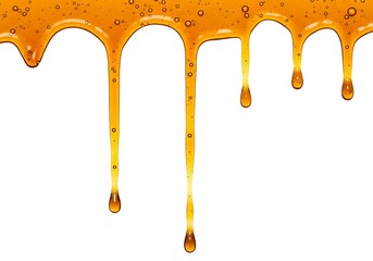 Dripping amber liquid with bubbles on a white background creating a visually appealing composition