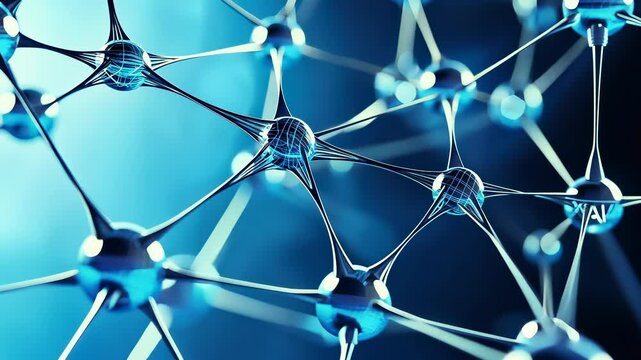Microscopic abstract view a a cyan and purple neural of structure glowing nerve on network dark background with effect bokeh video 4k
