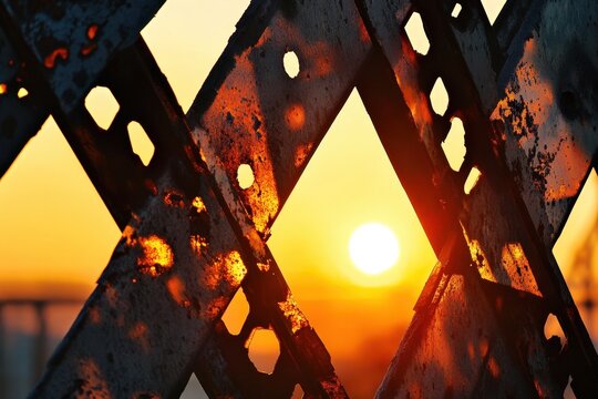 Rusty metal fence framing a vibrant sunset.