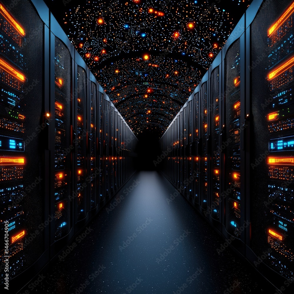 Poster server room filled with rows of high-performance servers highlighting advanced computing technology