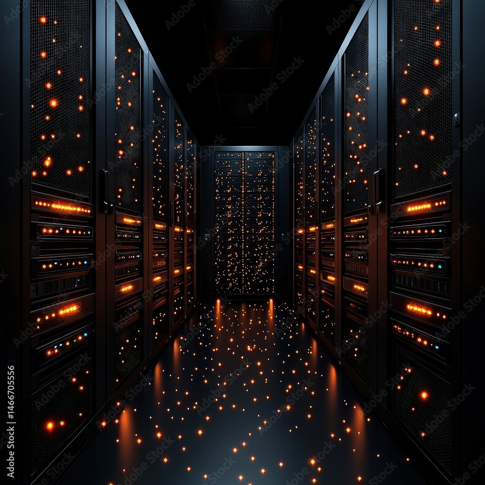 Poster advanced server room containing a high volume of servers for efficient data storage and management