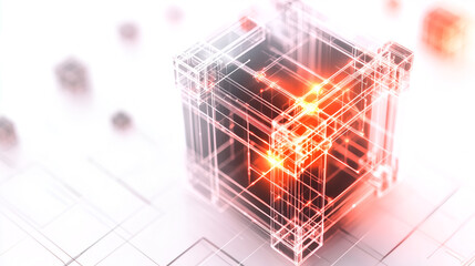 a glowing cube with a digital design, set on a white background. The cube is made up of lines and dots, and it is glowing with a bright red light. The cube is on a white background.