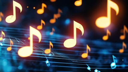 Golden music 3d glittering flowing on a blue notes background creating a vibrant and festive musical atmosphere video 4k