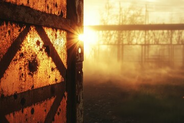 Rusty metal gate revealing golden sunrise.