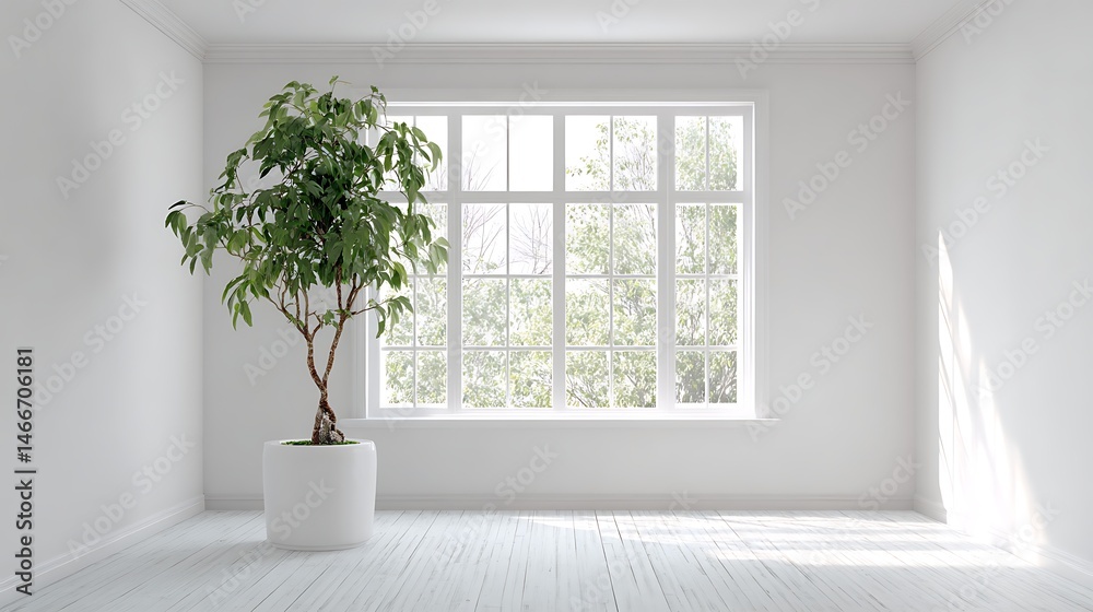 Poster a large window in a white room with a potted plant in front of it