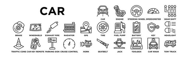 Car  icon set. Containing Car, Engine, Steering Wheel, Speedometer, Gear Shift, Tire, Fuel Pump, Battery, Key, Headlight, Brake, Windshield, Exhaust Pipe, Radiator, GPS, Seatbelt, Jack, Toolbox, Car W