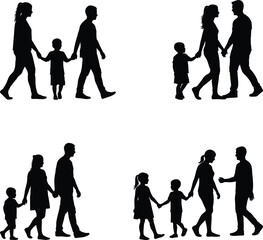Black and white vector silhouette of a young happy family walking together with a child holding hands with both parents. Isolated young man and woman silhouettes illustration on white background.