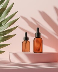 Two amber dropper bottles on pink podium with palm leaf shadow studio shot for beauty product advertisement