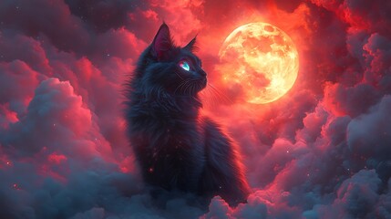 Enchanted feline silhouette stares into fiery lunar sky dreamscape high resolution photo