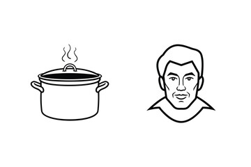 Culinary illustration featuring a cooking pot with a smiling face of a man in monochrome design