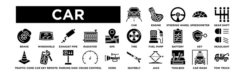 Car  icon set. Containing Car, Engine, Steering Wheel, Speedometer, Gear Shift, Tire, Fuel Pump, Battery, Key, Headlight, Brake, Windshield, Exhaust Pipe, Radiator, GPS, Seatbelt, Jack, Toolbox, Car W