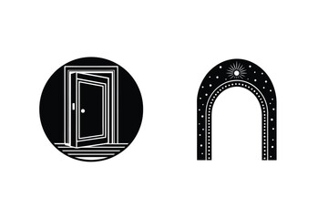 Elegant black and white symbolic illustrations of doors and celestial archways