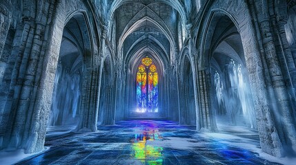 Obraz premium Icy Gothic cathedral interior, shimmering frost on stone walls and vaulted ceilings, colorful light from stained glass reflecting on frozen floors, wide symmetrical shot 