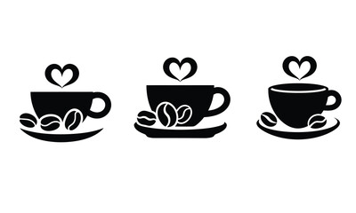 Coffee Cup Icon Set with Heart Shaped Steam and Coffee Beans Isolated on White Background
