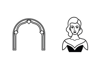 Elegant black and white line art of an archway and a woman's portrait