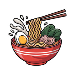 Cartoon illustration of ramen bowl with chopsticks, egg, noodles, pork slices, greens, and splash effect on white background
