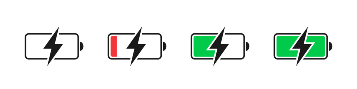 Charging icon. Battery charge vector set. Charging empty battery to full sign. Low power level recharge to full. Isolated battery set.