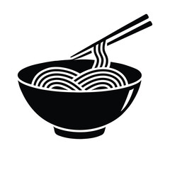 Noodle Bowl Icon with Chopsticks in Black and White Silhouette Style Vector Illustration
