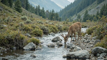 Deer drinking in mountain stream