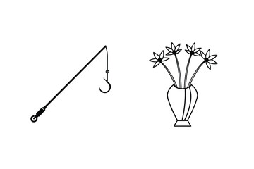 Fishing rod and flowers in a vase line art simple vector illustration on white background