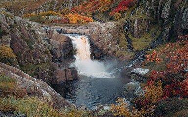 autumn Scottish Highlands, UK, Autumn Waterfall Cascading Through Rocky Gorge