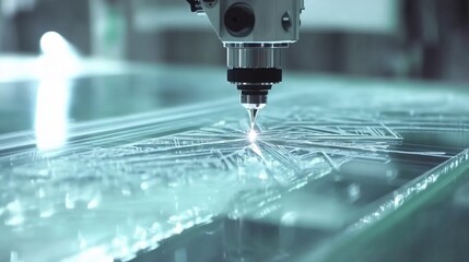 Laser cutting machine precisely engraving intricate design on glass surface close up industrial process technology