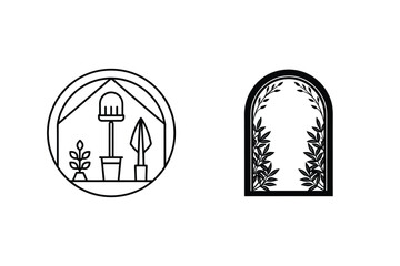 Minimalist gardening and nature themed vector illustrations featuring tools and foliage arch