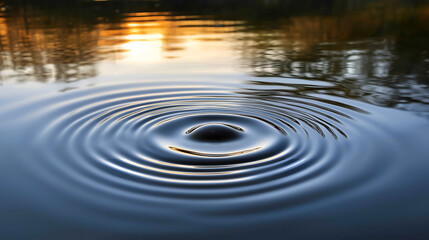 Ripples on water surface reflect tranquil sunset with soft glow, creating a serene environment. The perfect place to find peace and inner beauty. 